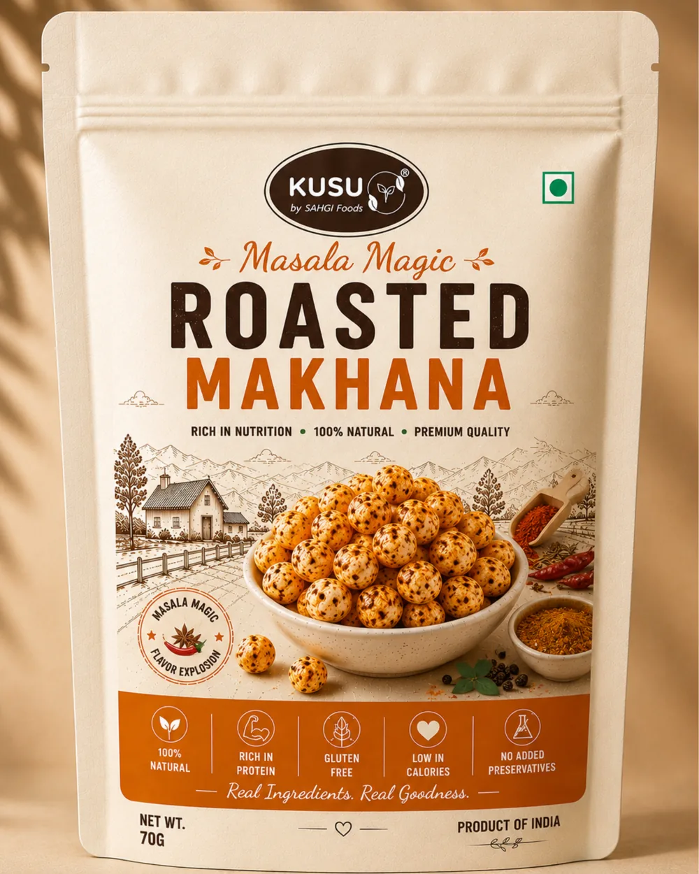 KUSU Masala Magic Roasted Makhana - SAHGI Foods pack view 2