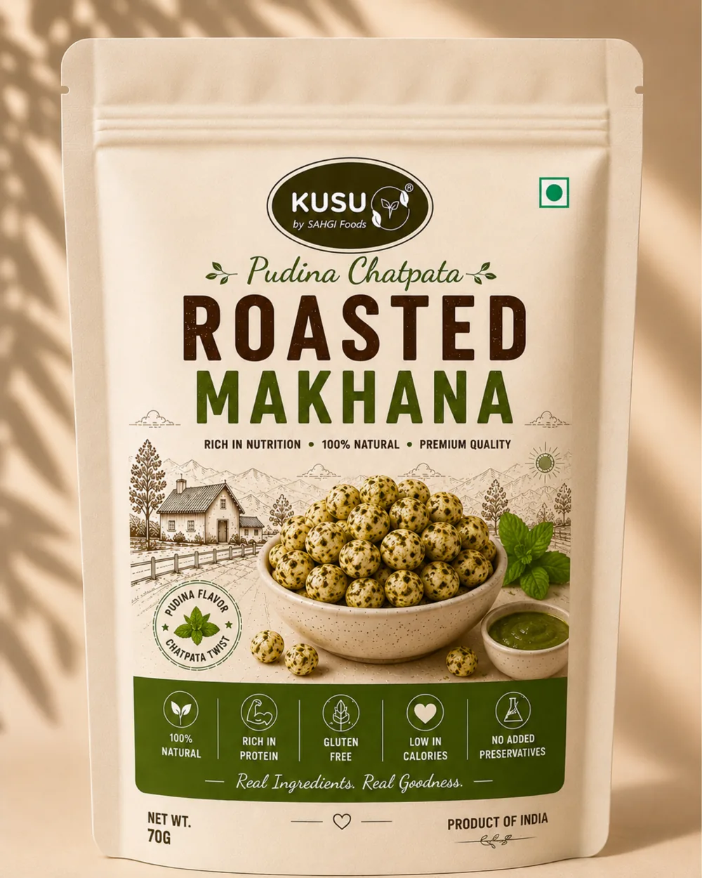 KUSU Pudina Chatpata Roasted Makhana - SAHGI Foods pack view 2